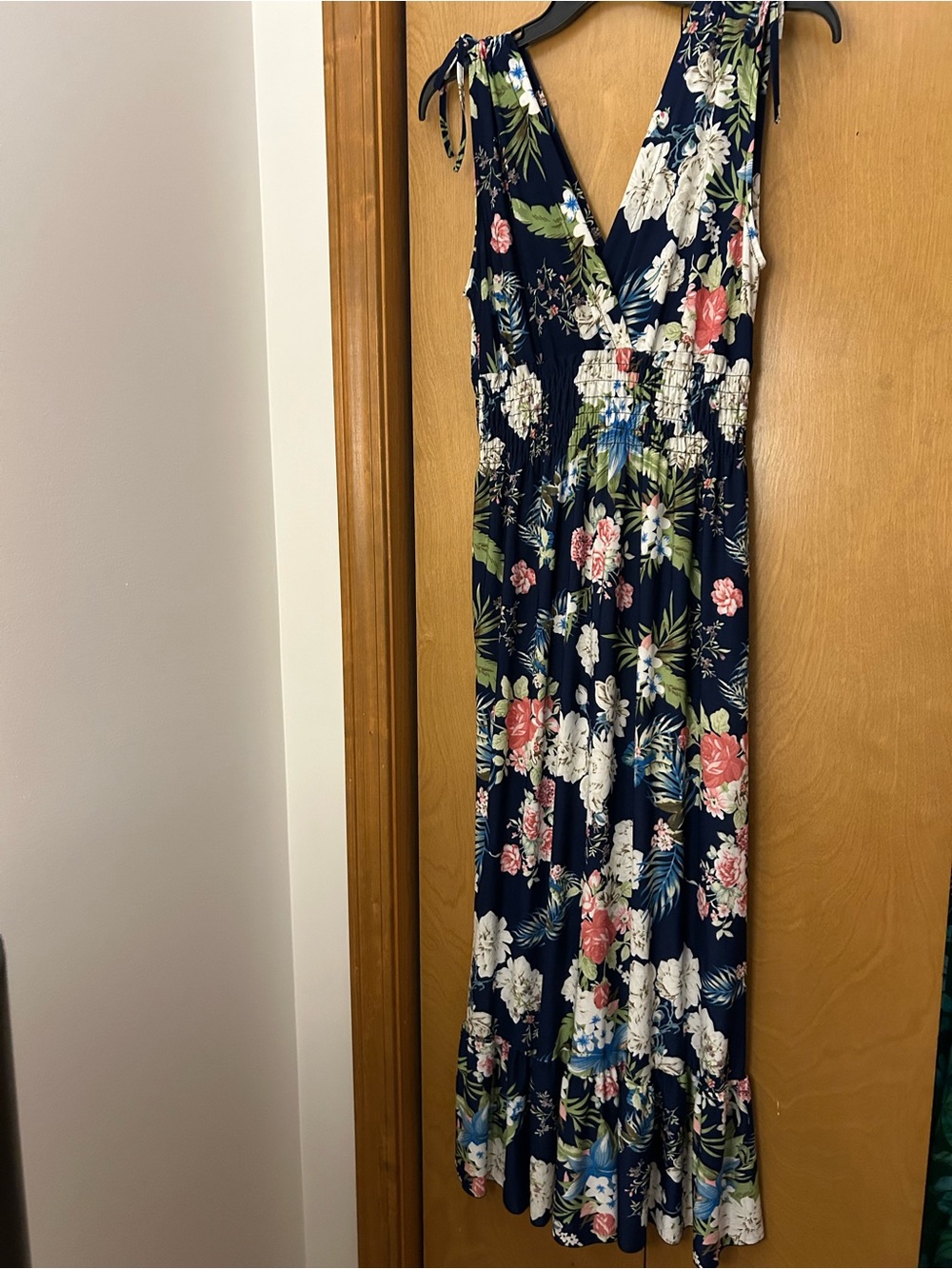 NWOT Navy Floral Maxi Dress with Tie Straps M